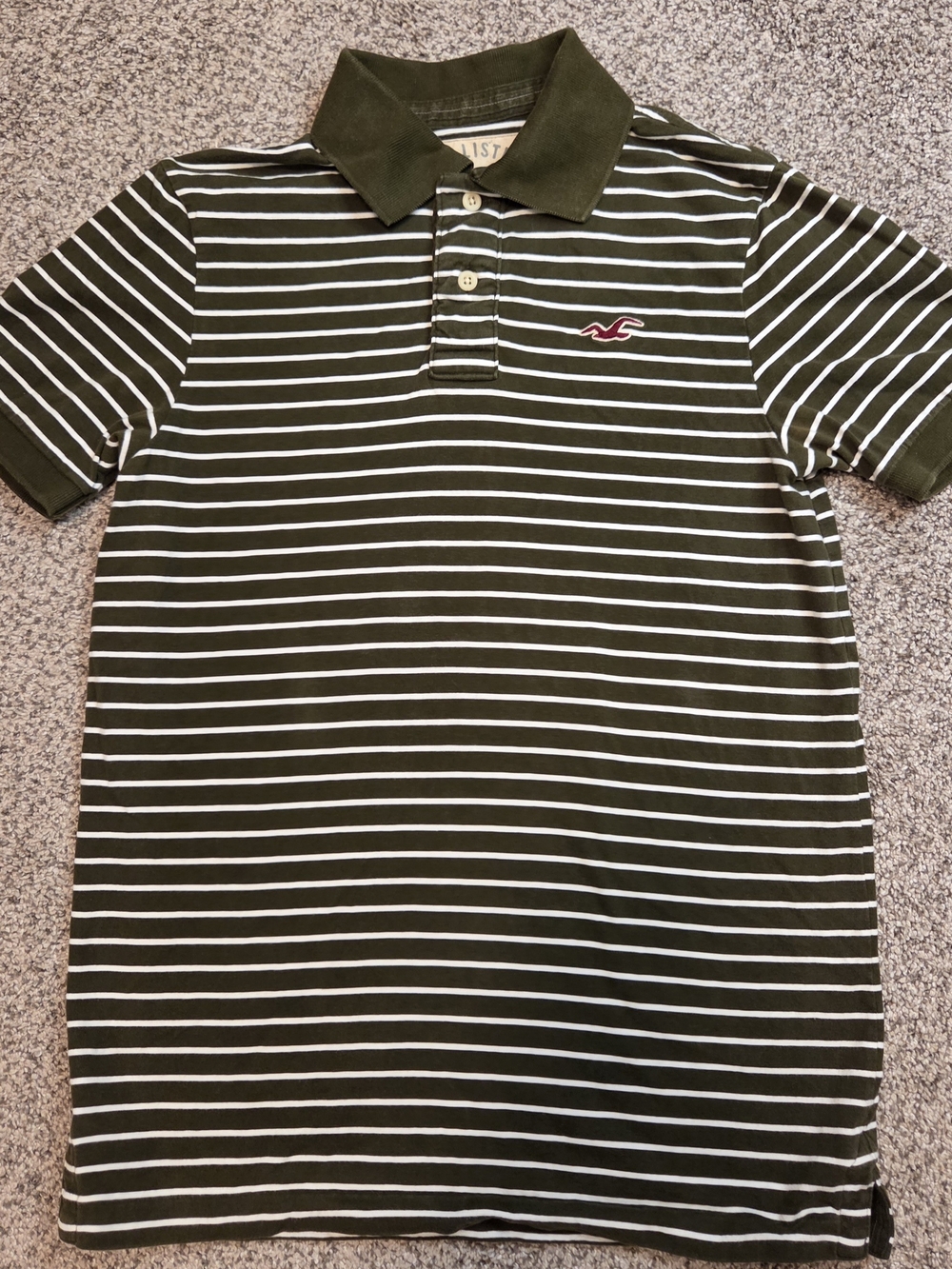 Hollister Olive Green White Striped Polo Shirt Size L
